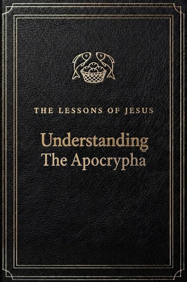 The cover of Understanding the Apocrypha: two fish and a basket of loaves stamped in gold above the title, on black leather.