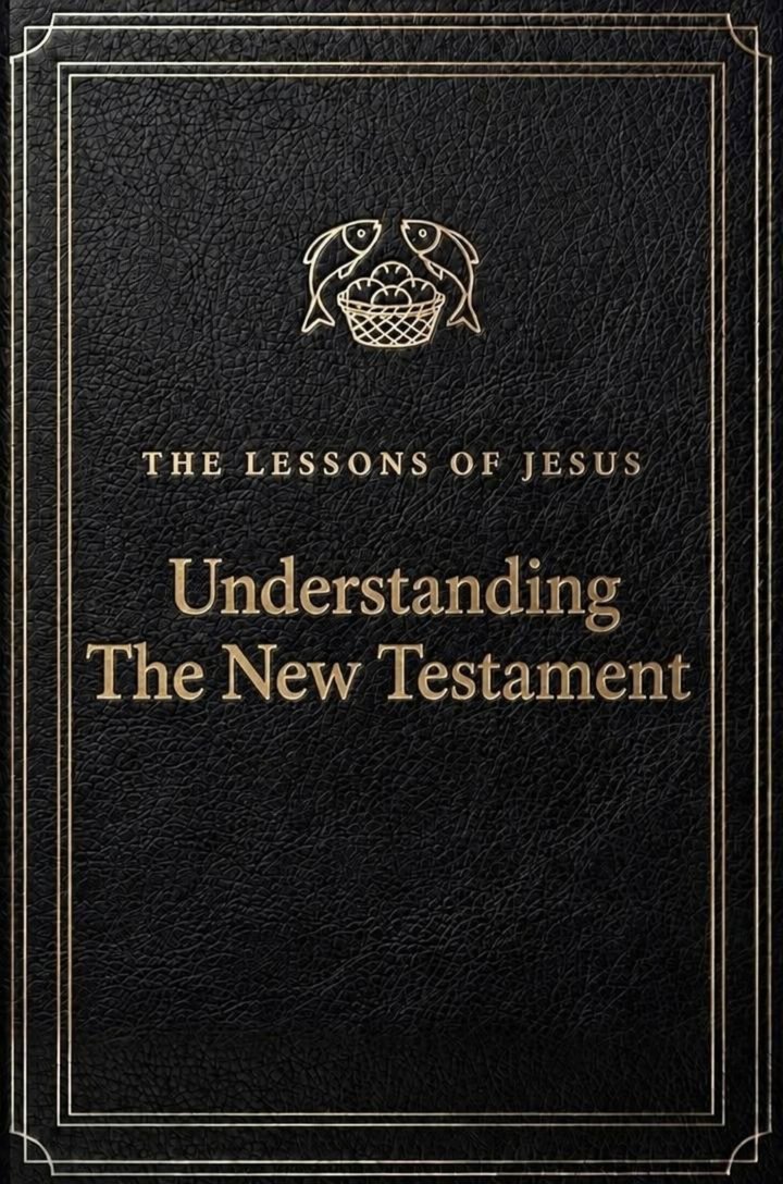 The cover of Understanding the New Testament: two fish and a basket of loaves stamped in gold above the title, on black leather.